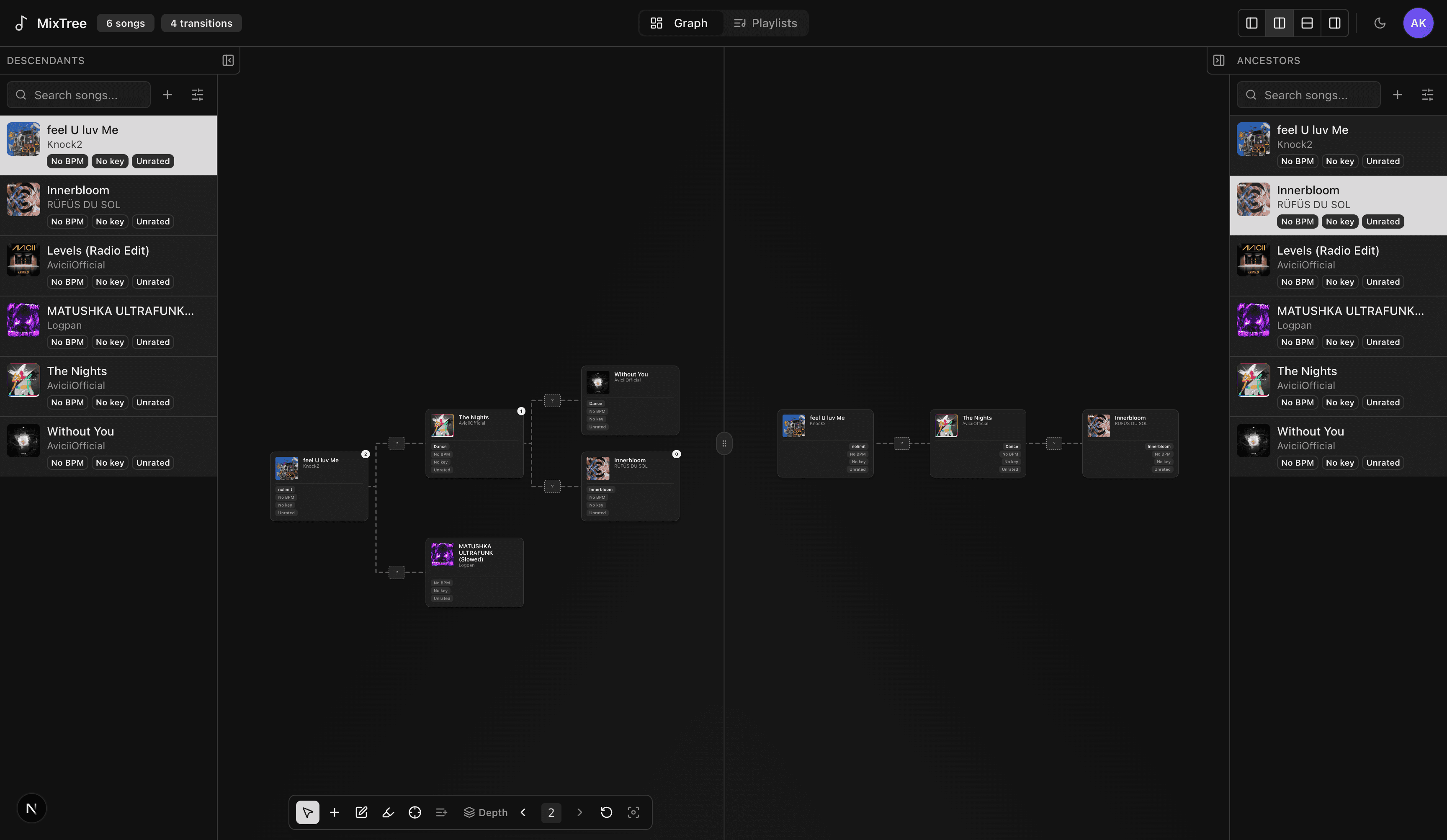 MixTree DJ set planner showing song transitions on an interactive graph