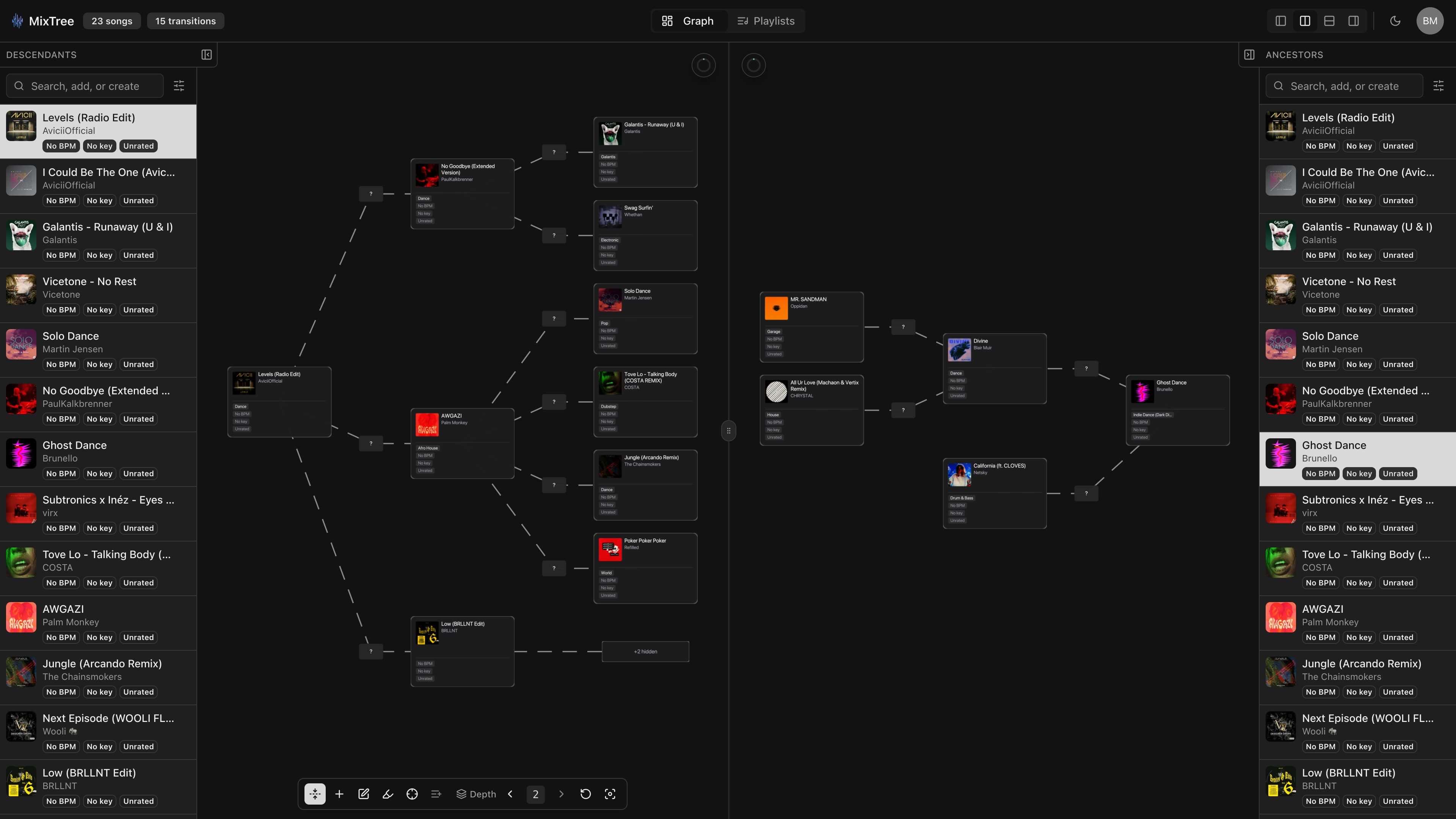 MixTree DJ set planner showing song transitions on an interactive graph